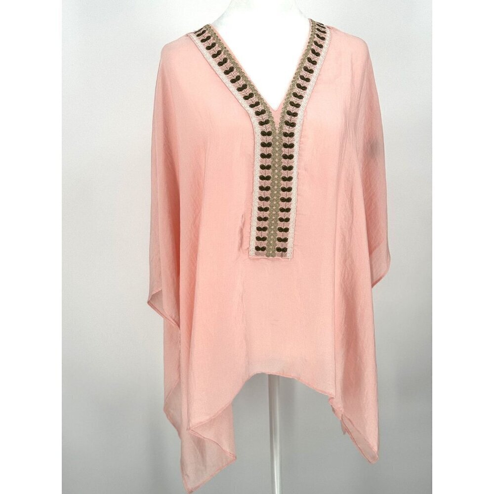 Anthropologie Floreat Japanese Crane Style Silky Pink Poncho Top - O/S